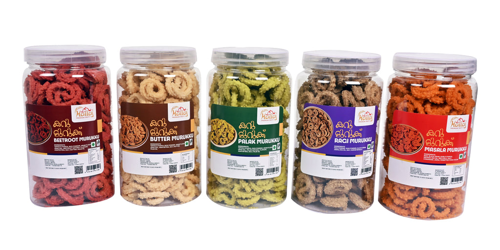 HALLAJ PREMIUM TASTY Karumurukku Assorted Murukku Combo Pack, 5 Flavours, Masala, Beetroot,Palak,Ragi,Butter, 200gm*5(1 kg), Authentic South Indian Snack, Fresh Chakli